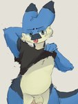 anthro balls blue_body blue_fur clothed clothing dragon fur genitals hi_res male mythological_creature mythological_scalie mythology partially_clothed penis scalie slightly_chubby solo unassumingbee