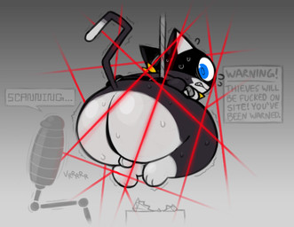 anthro balls big_butt bodily_fluids butt clenched_teeth diamond_(gem) gem genitals imminent_anal imminent_sex kerchief laser looking_back male mask mechanical_penis open_mouth paws penis rope sharp_teeth solo sweat tail teeth text vibrating zlut385 persona_(series) persona_5 morgana_(persona) domestic_cat felid feline felis mammal colored digital_drawing_(artwork) digital_media_(artwork)