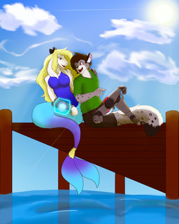 anthro armor big_breasts blonde_hair blue_body blue_clothing blue_scales blue_sky blue_sleeveless_shirt blue_tail blue_topwear bottomwear bracers breasts brown_bottomwear brown_clothing brown_hair brown_shorts clothed clothed_anthro clothed_female clothed_male clothing cloud confusing_perspective countershading cybernetic_arm cybernetic_leg cybernetic_limb cybernetics day duo energy_shield female fur gesture green_clothing green_shirt green_t-shirt green_topwear grey_body grey_fur hair hand_gesture horn long_hair machine male mermaid_tail multicolored_body multicolored_scales open_mouth outside pier pointing prosthetic prosthetic_arm prosthetic_leg prosthetic_limb purple_body purple_scales purple_tail scales sea shirt short_hair shorts sitting sky sleeveless_shirt split_form sun t-shirt tail talking_to_another topwear two_tone_body two_tone_scales two_tone_tail water white_body white_countershading white_fur roxlyde mythology episteme_(duckboy416) florence_(roxlyde) aquatic bovid caprine cyborg felid goat mammal merfolk mythological_creature mythological_marine pantherine sea_goat snow_leopard 2021 4:5 absurd_res hi_res