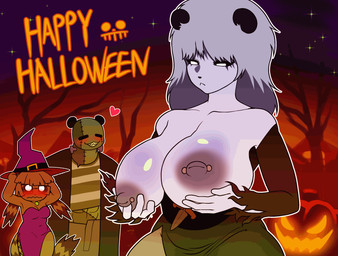 anthro barbell_piercing big_breasts black_nose blush bouncing_breasts breasts clothed clothing color_banding female frankenstein_costume group hair happy_halloween hat headgear headwear holidays magic_user male male/female nipple_piercing nipples piercing text trio white_body white_hair witch witch_costume witch_hat voideyedpanda elvira:_mistress_of_the_dark halloween bo_(voideyedpanda) elvira_(mistress_of_the_dark) millie_(voideyedpanda) veddy_(voideyedpanda) bear giant_panda mammal 2025 animated hi_res loop
