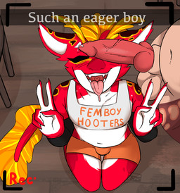 antennae_(anatomy) anthro balls big_penis black_spots blush bodily_fluids bottomwear brown_body brown_fur brown_spots bulge caption chair clothing duo femboy fur furniture genital_fluids genitals gesture hand_gesture high-angle_view hotpants kneeling knot knotted_penis male nails navel penis penis_on_face recording recording_video red_body red_fur shirt shorts spots tank_top text throbbing throbbing_penis tongue tongue_out topwear v_sign vein trinitynight femboy_hooters snapchat drust_riaz hibiscus_(manokit) fish hybrid hyena mammal manokit marine shark animated animated_png