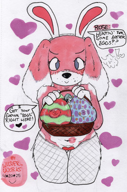 anthro basket big_breasts big_ears blush blush_lines bodypaint breasts clothed clothing container dialogue drawing_on_body easter_basket easter_egg fake_ears fake_rabbit_ears female fishnet_clothing fishnet_legwear floppy_ears fur holidays legwear name_in_dialogue nude painted_breasts partially_clothed pink_body pink_fur pussy_tape solo speech_bubble tape text white_clothing white_legwear mootsncompany easter rose_(mootsncompany) beagle canid canine canis domestic_dog hunting_dog mammal scent_hound english_text hi_res painting_(artwork) sketch traditional_media_(artwork) traditional_painting_(artwork)