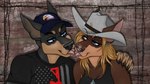 alternative_fashion anthro clothing cowboy cowboy_hat duo female goth hat headgear headwear kissing male male/female tongue tongue_out western thehuntingwolf carbon paizli canid canine canis dobermann domestic_dog mammal pinscher bust_portrait digital_media_(artwork) hi_res portrait