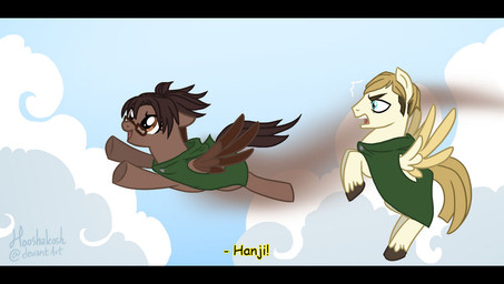 ambiguous_gender black_bars blonde_hair blue_eyes brown_body brown_eyes brown_hair cloud feral feralized flying hair light_body wings ouivon attack_on_titan hasbro my_little_pony mythology erwin_smith hange_zoe equid equine horse mammal mythological_creature mythological_equine pegasus pony 2013 crossover letterbox