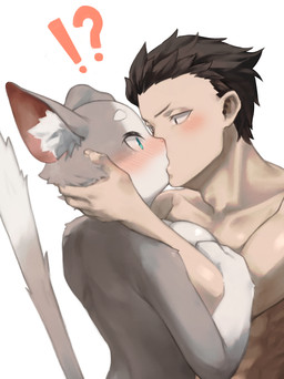 anthro biped black_hair blue_eyes blush breasts duo exclamation_point eyebrows female fingers french_kissing fur grey_body grey_fur grey_tail hair kissing male male/female nude question_mark simple_background standing tail white_background white_body white_fur xux_(artist) re:zero natsuki_subaru puck_(re:zero) human mammal absurd_res hi_res