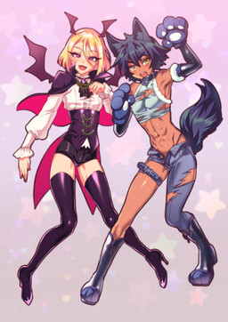 black_hair blonde_hair bottomwear bulge clothed clothing dark_body dark_skin duo femboy hair inner_ear_fluff male pants topwear torn_bottomwear torn_clothing torn_pants torn_topwear tuft wings yellow_eyes minefarmkun animal_humanoid canid canid_humanoid canine canine_humanoid humanoid mammal mammal_humanoid vampire winged_humanoid wolf_humanoid 2021 absurd_res hi_res
