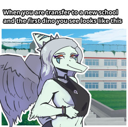 anthro biped black_clothing black_crop_top black_shirt black_topwear blue_body bone bone_frill breasts caption choker clothed clothed_anthro clothed_female clothing cloud crop_top day elbow_feathers feathered_wings feathers female female_anthro frill_(anatomy) grass grey_body grey_feathers grey_hair hair half-closed_eyes jewelry long_hair looking_at_viewer markings medium_breasts midriff narrowed_eyes navel necklace non-mammal_breasts non-mammal_navel o-ring orange_eyes outside plant school seductive shirt short_tail side_boob skull smile solo striped_markings stripes tail text topwear wings eddodoodle goodbye_volcano_high ko_op_(game_developer) fang_(gvh) prehistoric_species pterosaur reptile scalie 2026 colored digital_media_(artwork) english_text half-length_portrait hi_res meme portrait shaded