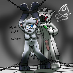 anthro bound chain chained clothing coat confusion duo eyewear female forced glasses injection lab_coat laboratory male male/female mirror mirror_reflection reflection topwear transformation connorsconnor changed_(video_game) conley dr._k_(changed) canid canine canis hybrid mammal wolf 1:1 colored digital_media_(artwork) hi_res shaded