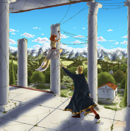 aedelric_(kittykuscell) ancient anthro barefoot bodypaint climbing cloak clothed clothing duo fantasy feet femboy footwear hair jewelry jumping legwear longsword male medieval medieval_clothing melee_weapon mountain open_mouth painted_background pillar plant reaching ruins scabbard shoes short_hair sword tail tights toga vines weapon kittykuscell wenke_(kittykuscell) felid feline mammal absurd_res hi_res story story_in_description