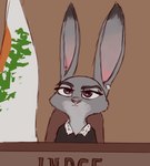 anthro ear_piercing female fur grey_body grey_fur judge piercing purple_eyes solo famished_(artist) disney zootopia judge_judy judy_hopps lagomorph leporid mammal rabbit crossover hi_res meme