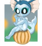 anthro black_sclera female fin food fruit genitals gesture glowing glowing_eyes holidays looking_at_viewer nude outside plant pumpkin pumpkin_patch pussy raised_leg sitting sitting_on_food solo spread_legs spreading waving waving_at_viewer young izzipurrito halloween nintendo pokemon eeveelution generation_1_pokemon pokemon_(species) vaporeon hi_res