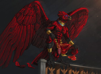 abs accessory anthro balls blue_eyes clothed clothing crouching feathers foreskin genitals hand_on_knee hand_on_leg humanoid_genitalia humanoid_penis male male_anthro mouth_closed muscular muscular_anthro muscular_male pecs penis red_body red_feathers red_wings saggy_balls simple_background solo spread_wings tail tail_feathers text topless wings scarlanya voidphoenix xjal avian absurd_res detailed english_text hi_res