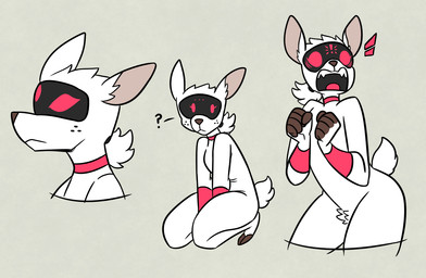 anthro crotch_tuft crouching emanata exclamation_point fangs female freckles fur hair machine ponytail question_mark red_eyes shocked simple_background solo teeth tuft visor_eyes white_body white_fur nerdyreindeer deer mammal robot multiple_images