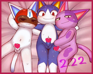 anthro armor balls bed belly blush bodily_fluids border erection furniture genital_fluids genitals group headgear helmet looking_at_viewer lying male male/male navel nude on_back penis precum red_border slightly_chubby trio mixeeeel animal_crossing nintendo bob_(animal_crossing) kid_cat_(animal_crossing) rover_(animal_crossing) domestic_cat felid feline felis mammal censored hi_res