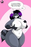 anthro big_breasts big_butt black_eyes black_markings black_nose black_stripes bold_text breast_squeeze breasts butt cheek_tuft collarbone dialogue eyebrows eyelashes facial_markings facial_tuft featureless_breasts female fur geometric_background gloves_(marking) grey_body grey_fur grin head_markings highlights_(coloring) huge_breasts huge_butt huge_hips hyper logo looking_at_breasts looking_at_own_breasts looking_at_self looking_down looking_down_at_breasts looking_down_at_self markings mask_(marking) multicolored_body multicolored_fur muzzle_(marking) navel nude pink_background purple_highlights raised_eyebrow simple_background smile solo speech_bubble squeezing standing striped_markings striped_tail stripes tail tail_markings text thick_thighs tuft two_tone_body two_tone_fur wide_hips chrisandcompany mika_(chrisandcompany) mammal procyonid raccoon 2024 artist_logo digital_drawing_(artwork) digital_media_(artwork) english_text hi_res