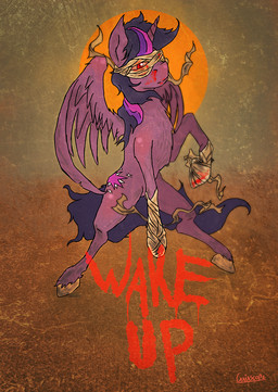 abstract_background bandage blood bodily_fluids cutie_mark desert feathered_wings feathers female feral horn purple_body purple_feathers quadruped red_eyes sand solo sun text wings gaiascope friendship_is_magic hasbro my_little_pony mythology twilight_sparkle_(mlp) equid equine mammal mythological_creature mythological_equine winged_unicorn hi_res