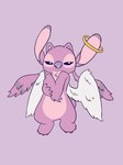 4_fingers 4_toes alternate_form antennae_(anatomy) anthro arm_tuft biped chest_markings chest_tuft ear_markings elbow_tuft eyelashes feathered_wings feathers feet female fingers fur halo long_antennae looking_at_viewer markings narrowed_eyes pink_body pink_fur purple_background purple_eyes purple_markings purple_nose simple_background small_tail solo tail toes tuft white_markings wings dkyoken_0425 disney lilo_and_stitch angel_(lilo_and_stitch) alien experiment_(lilo_and_stitch) 3:4 flat_colors hi_res