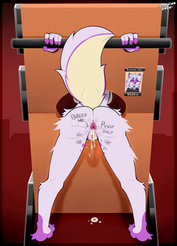 anthro anus back_boob bent_over bodily_fluids body_writing breasts countershading cum cum_in_vagina cum_inside female fingers fur genital_fluids genitals hole_in_wall pink_body pink_fur solo text through_wall vulva amazinggwen kandithedoc canid canine canis coyote mammal absurd_res hi_res