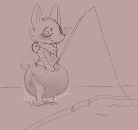 ambiguous_gender anthro big_diaper blush blush_lines bodily_fluids clothed clothing diaper featureless_feet featureless_hands feet fishing_rod fur genital_fluids half-closed_eyes hand_on_diaper holding_object hoodie huge_diaper narrowed_eyes open_mouth open_smile pointy_ears pond simple_background smile solo sound_effects standing tail topwear touching_diaper unclean_diaper urine used_diaper using_diaper vowelless vowelless_sound_effect wearing_diaper wet_diaper wetting wetting_diaper zipper parumpee webfishing canid canine fox mammal 2025 monochrome sepia sketch