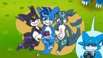 bodily_fluids cum cum_on_body cum_on_face cumshot ejaculation genital_fluids genitals group hair handjob male male/male orgasm penile penis sex tail chicostyx bandai_namco digimon mythology fan_character shoru_(character) void_(voidtails) yami_the_veemon digimon_(species) dragon fanmon mythological_creature mythological_scalie reptile scalie veemon