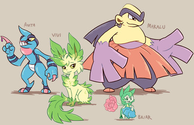2_toes ambiguous_gender anthro arm_markings big_hands biped black_body black_skin blue_body blue_skin bottomwear brown_background brown_inner_ear claws clothing digitigrade ear_piercing ear_ring featureless_feet feet feral finger_claws flower_(anatomy) fur green_body green_fur green_skin group head_tuft heel_claw markings piercing pseudo_clothing purple_body quadruped red_bottomwear red_clothing red_skirt ring_piercing round_ears semi-anthro shadow simple_background skirt smile standing striped_markings stripes tail tail_tuft tan_body tan_fur teeth_showing text toes tuft yellow_eyes yellow_sclera shellyochunks nintendo pokemon tales_of_tabira anita_(tales_of_tabira) briar_(tales_of_tabira) makalu_(tales_of_tabira) vivi_(shellyochunks) eeveelution generation_3_pokemon generation_4_pokemon hariyama humanoid leafeon pokemon_(species) roselia toxicroak 2015 character_name female_(lore)