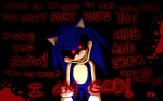 anthro blood blue_body blue_fur bodily_fluids creepy evil_grin fur glowing glowing_eyes grin looking_at_viewer male nightmare_fuel red_eyes smile solo teeth text shadowninja976 creepypasta sega sonic.exe_(creepypasta) sonic_the_hedgehog_(series) sonic.exe sonic_the_hedgehog eulipotyphlan hedgehog mammal english_text hi_res