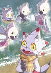 anthro beach beak chibi claws clothing coat cute_fangs duo fangs haramaki horn lab_coat male sand scarf seaside teeth topwear white_body yellow_eyes vfcou bandai_namco digimon digimon_ghost_game bokomon digimon_(species) gammamon