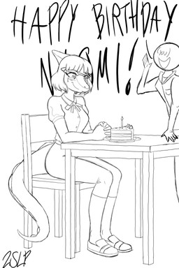 anthro bald birthday_cake blush bodily_fluids bone_frill breasts cake candle chair clothed clothed_anthro clothed_female clothed_human clothed_male clothing crying dessert duo female fingers fire food footwear frill_(anatomy) furgonomics furniture happy happy_birthday humanoid_hands knee_highs knee_socks legwear long_tail male medium_breasts medium_hair non-mammal_breasts open_mouth plate shoes sitting smile socks spiked_tail spikes spikes_(anatomy) table tail tapering_tail tears tears_of_joy text 2sleepee goodbye_volcano_high ko_op_(game_developer) anon naomi_(gvh) dinosaur hadrosaurid human mammal ornithischian ornithopod parasaurolophus prehistoric_species reptile scalie 2:3 absurd_res artist_name black_and_white english_text hi_res line_art monochrome