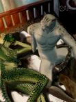 anthro balls bed bedroom butt detailed_background duo eyes_closed flaccid furniture genitals high-angle_view humanoid_genitalia humanoid_penis inside male male/male nude on_bed penis raised_arm reclining koda-kota bethesda_game_studios microsoft skyrim the_elder_scrolls derkeethus argonian felid khajiit mammal reptile scalie hi_res