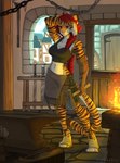 4_toes 5_fingers anthro black_stripes blacksmith breasts clothed clothing eyebrows eyelashes feet female fingers fire fur midriff navel orange_body orange_fur red_eyes solo striped_body striped_fur stripes toes firetally felid mammal pantherine tiger 2021 digital_media_(artwork) hi_res