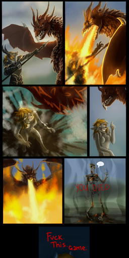 angry annoyed anthro armor assisted_exposure battle bone breasts breath_powers burning clothed clothing commentary death elemental_manipulation featureless_breasts female female_death feral fight fire fire_breathing fire_manipulation fully_clothed game_over gameplay_mechanics gaming group high-angle_view humor melee_weapon membrane_(anatomy) membranous_wings nude playing_video_game polearm shy skeleton smoke snarling sneer spear torn_clothing wardrobe_malfunction weapon wings gardeaalgedo blizzard_entertainment dark_souls fromsoftware mythology warcraft rubella_the_worgen canid dragon mammal mythological_creature mythological_scalie scalie werecanid werecreature worgen absurd_res digital_media_(artwork) hi_res