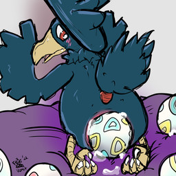 4_toes ambiguous_gender animal_genitalia beak blush claws cloaca egg feet feral genitals oviposition pokemon_egg solo talons toes wings foxvomitarts nintendo pokemon avian bird generation_2_pokemon murkrow pokemon_(species) 1:1 absurd_res hi_res