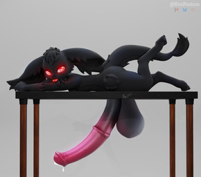 animal_genitalia animal_penis balls big_balls big_penis black_balls black_body black_fur black_hair black_nose black_tail blep bodily_fluids dripping equine_genitalia equine_penis fur genital_fluids genitals hair huge_balls huge_penis hyper hyper_balls hyper_genitalia hyper_penis looking_at_viewer lying_on_table male message_board milking_table penis precum precum_drip red_eyes smug smug_expression smug_face solo tail tongue tongue_out kvnpoulsen dinwar hobkin 3d_(artwork) digital_media_(artwork) hi_res