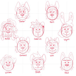 anthro ear_piercing facial_hair facial_piercing flesh_tunnel frown gauged_ear labret_piercing lip_piercing male mature_male mustache piercing pompadour smile text tongue tongue_out p_rindustries anton_(p_rindustries) chuck_(p_rindustries) dexter_(p_rindustries) fred_(p_rindustries) gale_(p_rindustries) kevin_(p_rindustries) osmond_(p_rindustries) will_(p_rindustries) wilt_(p_rindustries) wynn_(p_rindustries) canid canine canis dobermann domestic_cat domestic_dog felid feline felis herding_dog lagomorph leporid mammal pantherine pastoral_dog pinscher rabbit sheepdog 1:1 english_text guide_lines headshot_portrait hi_res portrait sketch