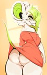 anthro bottomless butt clothed clothing digital_media_(artwork) frankie_(lyme-slyme) fur green_eyes green_hair green_inner_ear green_nose hair hi_res lyme-slyme male mammal mouse murid murine rear_view red_clothing red_shirt red_topwear rodent shaded shirt solo thick_thighs tongue tongue_out topwear white_body white_fur white_tongue