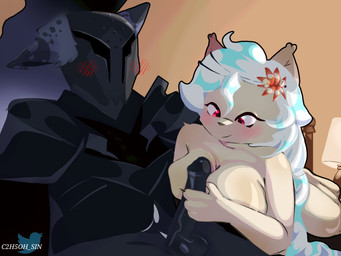 anthro balls blush breasts clothed clothing duo female fur genitals hair male male/female nude penis red_eyes sex simple_background smile c2h5oh_sin cookie_run cookie_run_kingdom silent_salt_cookie white_lily_cookie felid feline mammal 4:3 hi_res