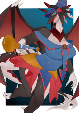 anthro big_breasts breasts clothed clothing female horn simple_background smile solo wings akchi konami mythology yu-gi-oh! dark_magician_girl dragonmaid_sheou dragon dragonmaid_(yu-gi-oh!) duel_monster mythological_creature mythological_scalie scalie hi_res