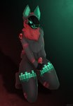 anthro black_body black_fur bodily_fluids fur genital_fluids genitals green_body green_fur machine male masturbation penis precum protogen_visor solo welfi protogen hi_res