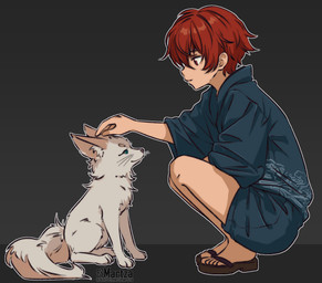 blue_bottomwear blue_clothing blue_robe blue_shirt blue_shorts blue_topwear bottomwear brown_body brown_clothing brown_footwear brown_fur brown_sandals clothing crouching duo female feral footwear fur grey_background grey_body grey_fur hair half-closed_eyes headpat male narrowed_eyes on_haunches red_eyes red_hair robe sandals shirt shoes shorts simple_background smile tan_body tan_skin topwear whiskers martza tales_of_seikyu kon_(tales_of_seikyu) protagonist_(tales_of_seikyu) canid canine fox human mammal 2025 hi_res brother_(lore) brother_and_sister_(lore) sibling_(lore) sister_(lore)