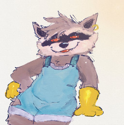 anthro blep brown_body brown_fur clothing ear_piercing ear_ring fur gloves handwear male overalls piercing red_eyes ring_piercing shortalls shortstack shortstack_male smile smirk smug solo tongue tongue_out freakpaws guardians_of_the_galaxy marvel rocket_raccoon mammal procyonid raccoon hi_res