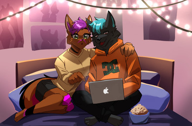 anthro bed bedroom black_body black_fur blue_hair brown_body brown_fur clothed clothing computer duo electronics female food fur furniture hair laptop looking_at_computer looking_at_laptop looking_at_object looking_at_screen male male/female popcorn purple_hair tail inverted_pyro apple_inc. apple_macintosh macbook canid canine canis domestic_cat felid feline felis mammal wolf hi_res
