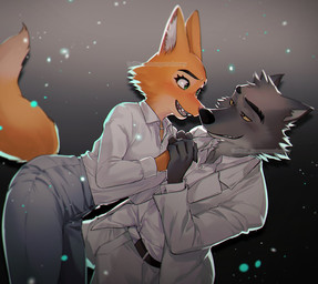 anthro belt blue_bottomwear blue_clothing blue_pants bottomwear canon_couple chest_tuft clothing collared_shirt duo female fur green_eyes grey_body grey_fur hand_holding jacket male male/female nuzzling orange_body orange_fur pants raised_tail romantic shirt smile smiling_at_another smiling_at_partner sparkles tail teeth topwear tuft white_clothing white_jacket white_shirt white_topwear yellow_eyes yellow_sclera nosugarnohoney dreamworks the_bad_guys diane_foxington mr._wolf_(the_bad_guys) canid canine canis fox mammal north_american_gray_wolf red_fox true_fox wolf hi_res