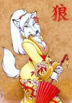 anthro asian_clothing breasts cleavage clothed clothing east_asian_clothing female japanese_clothing solo tail text umbrella yellow_eyes megan_giles canid canine canis mammal wolf translated