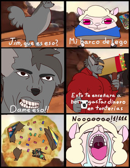 angry anthro big_ears big_tail black_box bodily_fluids box christmas_decorations clenched_teeth container crying cup curimeme dialogue duo explosion female festive fluffy fluffy_tail fur grey_body grey_fur hair hooves horizontal_pupils humor lego_brick lego_set male meme_face meme_pose muscular muscular_male nipple_outline open_mouth pink_eyes pupils ranged_weapon red_eyes rocket_launcher screaming serious_face short_hair tail tears teeth text weapon white_body white_fur white_wool wool_(fur) twtr capcom curi lego resident_evil team_fortress_2 valve albert_wesker jim_the_lamb soldier_(team_fortress_2) wolf_(twtr) avian bird bovid canid canine canis caprine chicken galliform humanoid hybrid mammal phasianid sheep wolf absurd_res comic hi_res meme redraw spanish_text