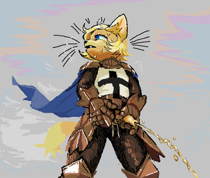anthro armor blonde_hair blue_eyes bodily_fluids cape chainmail clothing flaccid foreskin fur gauntlets genital_fluids genitals gloves grey_background hair handwear holding_own_penis holding_penis low-angle_view male male_peeing peeing penis simple_background solo standing sweat sweatdrop urine urine_stream watersports yellow_body yellow_fur worm_(artist) domestic_cat felid feline felis mammal