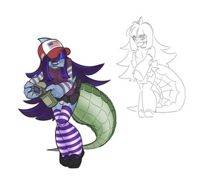 alternative_fashion anthro clothing goth gynomorph hair intersex legwear panties pattern_clothing pattern_legwear purple_hair scales solo striped_clothing striped_legwear stripes thigh_highs underwear y0ungfur alligator alligatorid aquatic crocodilian fish reptile scalie shark hi_res