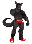 ankle_socks anthro black_body black_clothing black_footwear black_fur black_hair black_socks clothing ear_piercing ear_stud eyebrow_scar eyebrows facial_scar footwear fur green_eyes hair hand_on_chin looking_at_viewer male muscular muscular_anthro muscular_male open_mouth piercing red_clothing red_sneakers red_underwear scar socks solo tongue tongue_piercing tongue_stud underwear booboo34 joe_turner hybrid kangaroo macropod mammal marsupial rhinoceros 2020 absurd_res hi_res