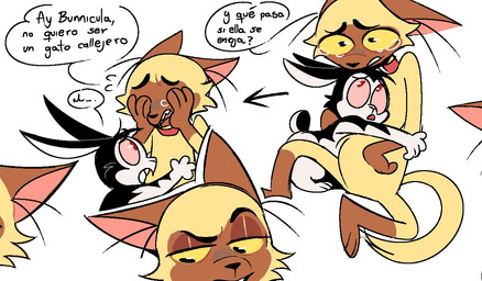 anthro black_body black_ears black_eyes black_fur black_hair black_nose black_tail bodily_fluids brown_body brown_ears brown_fur brown_tail collar comforting crying directional_arrow duo fur hair hand_on_face hand_on_own_face hug long_ears looking_at_another male male/male multicolored_body multicolored_fur pink_sclera question question_mark red_collar romantic romantic_couple scut_tail short_tail simple_background sitting speech_bubble tail tears teeth text tongue two_tone_body two_tone_fur two_tone_tail white_background white_body white_fur white_tail yellow_sclera viat_on bunnicula_(series) bunnicula chester_(bunnicula) domestic_cat felid feline felis lagomorph leporid mammal rabbit siamese_cat vampire 2026 digital_media_(artwork) spanish_text translated