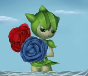 beach big_head blue_sky blush bottomwear clothed clothing cloud dress female flower flower_(anatomy) genitals glistening green_eyes green_hair grey_body hair innie_vulva looking_at_viewer no_underwear not_furry open_mouth outside plant sea seaside short_hair shortstack shortstack_female shy skirt sky solo standing vulva water wind plantpenetrator nintendo pokemon elemental_creature elemental_humanoid flora_fauna generation_3_pokemon humanoid plant_humanoid pokemon_(species) roselia 2012 detailed digital_media_(artwork) hi_res