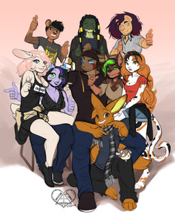 anthro clothed clothing countershading dreadlocks female group looking_at_viewer male open_mouth smile kittydee delia_songhardt ikshun marlboro_(lightlender) canid canine felid lagomorph leporid lion lizard mammal pantherine rabbit reptile scalie colored_sketch digital_media_(artwork) hi_res sketch